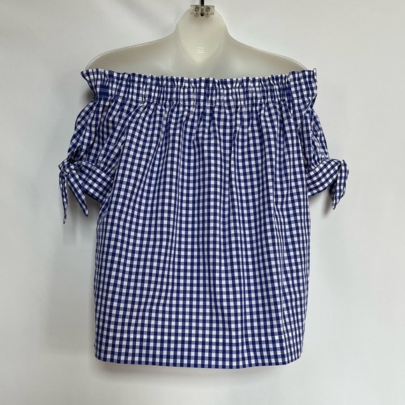 J. Crew Off the Shoulder Gingham Blue White Top Blouse Size 6 - Picture 10 of 15